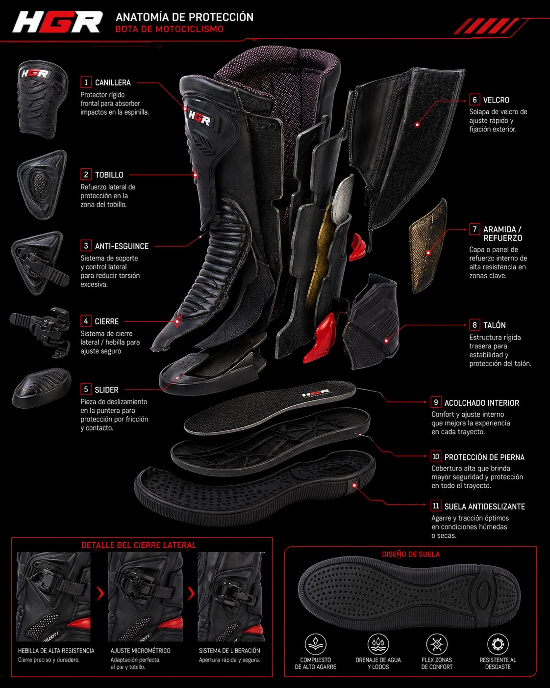 Anatomía y sistema de protección HGR Bota Race