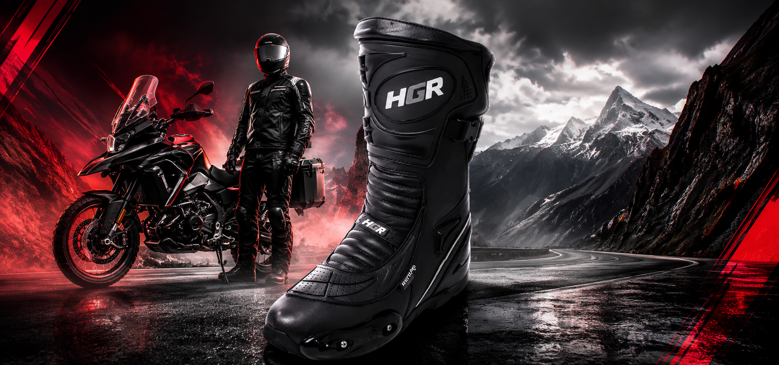 Motociclista HGR Touring Adventure en carretera de montaña con bota HGR