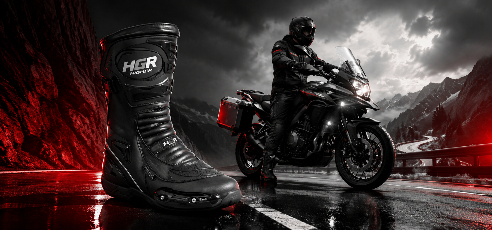 Motociclista HGR recorriendo carretera con equipamiento Touring Adventure