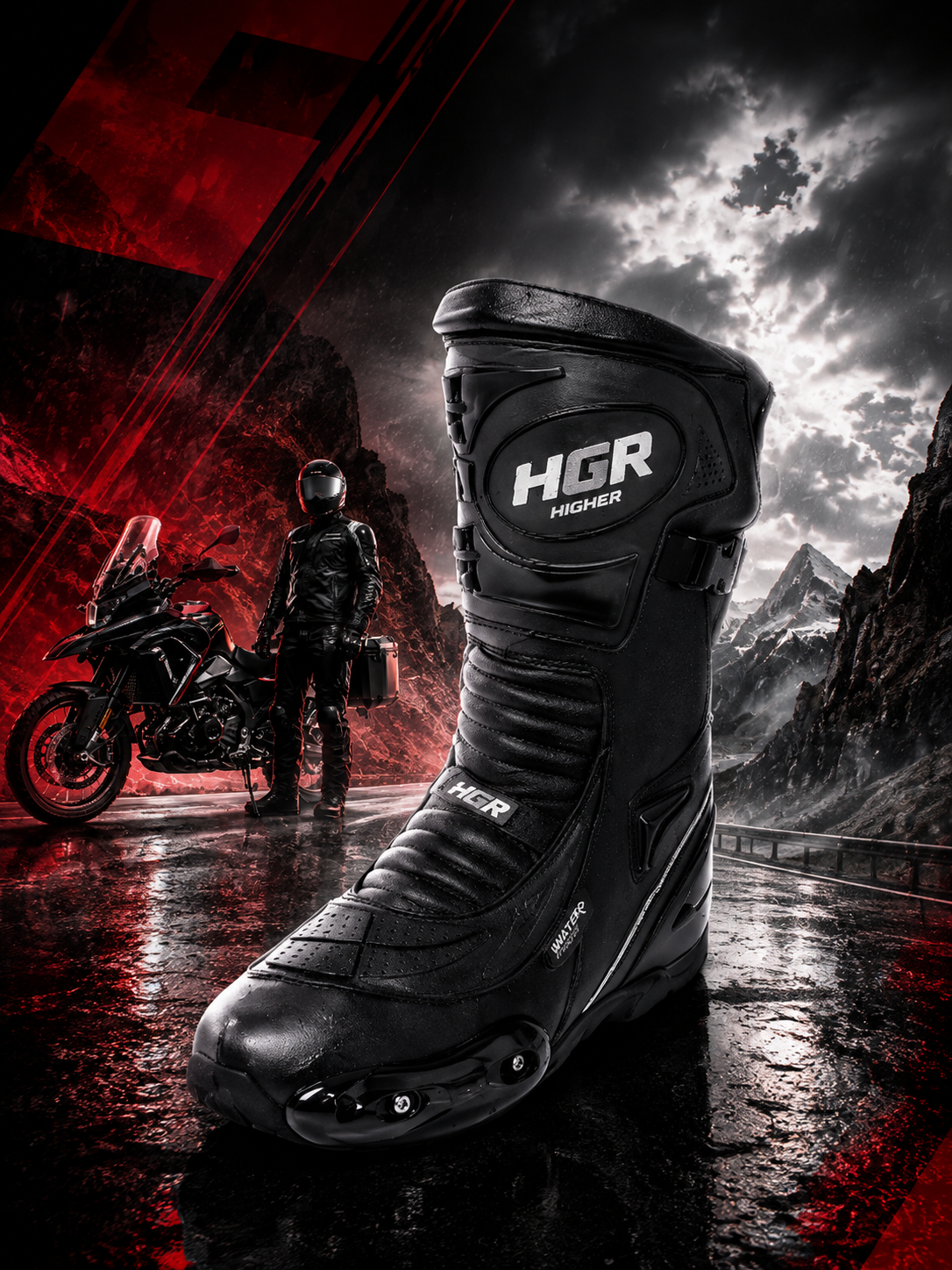 Motociclista HGR Touring Adventure en carretera de montaña con bota HGR