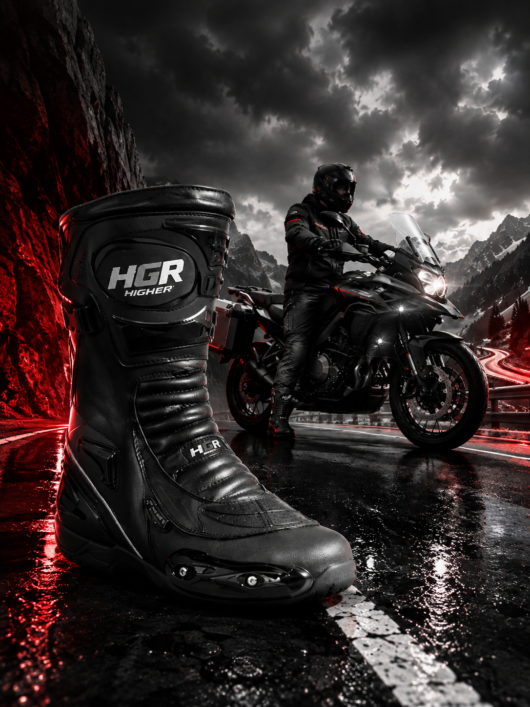 Motociclista HGR recorriendo carretera con equipamiento Touring Adventure